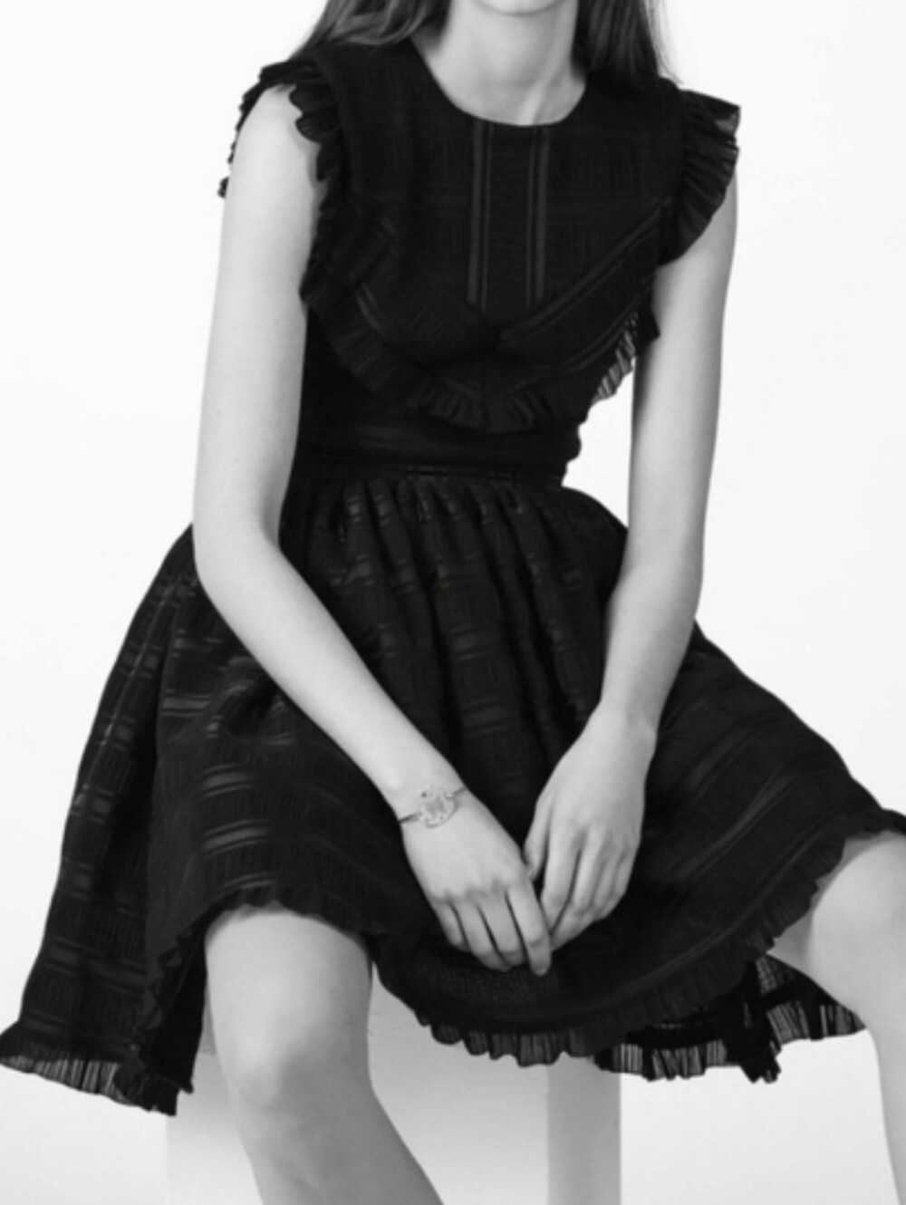 Maje Black Textured Ruffle Detail Dress Size 38